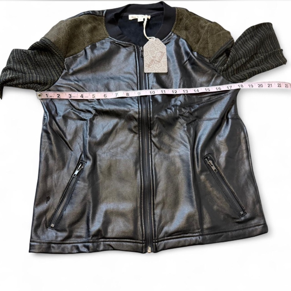 Vegan Leather/Knit Spliced Bomber Jacket - Picture 15 of 16